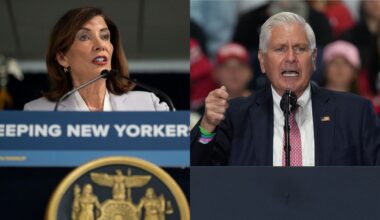 Gov. Kathy Hochul, left, and Nassau County Executive Bruce Blakeman, right.