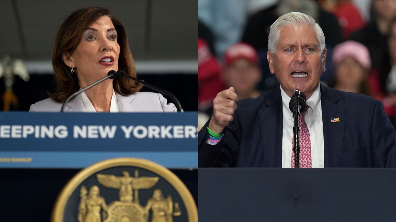 Gov. Kathy Hochul, left, and Nassau County Executive Bruce Blakeman, right.
