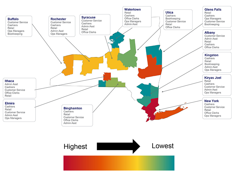 This map shows the relative concentrations of jobs that are exposed to AI disruption by county in New York state. Albany, New York City and Ithaca, hotbeds of white-collar work, are most at risk. This map shows the relative concentrations of jobs that are exposed to AI disruption by county in New York state. Albany, New York City and Ithaca, hotbeds of white-collar work, are most at risk.