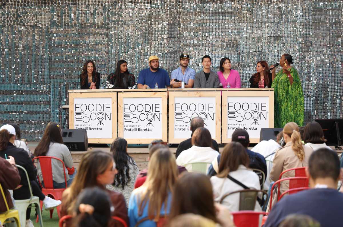 (L-R) Ereka Vetrini, Aisha Rupert, Grossy Pelosi, Jeremy Jacobowitz, Musashi Osaki, Jasmie Musashi, Nadia Caterina Munno and Melba Wilson speak onstage during the Food Network New York City Wine & Food Festival presented by Invesco QQQ - FoodieCon® presented by Fratelli Beretta at Somewhere Nowhere NYC on October 19, 2024 in New York City.  (Photo by Michael Loccisano/Getty Images for NYCWFF)