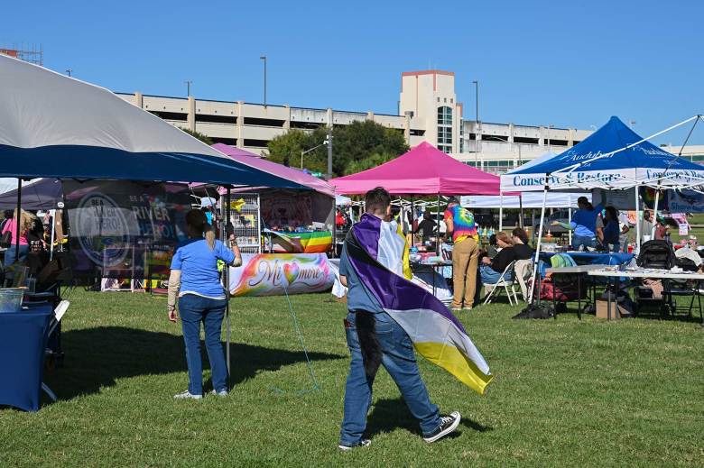 Tents with vendors line a grassy field as a person wearing a nonbinary flag as a cape walks past.