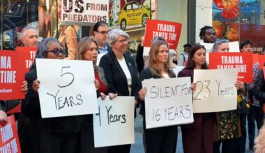 Survivors and advocates rallied in Times Square to support Cornell's Jane Doe. (Spectrum News NY1)