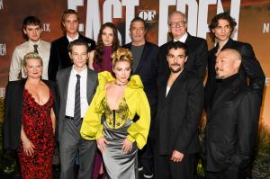 Martha Plimpton, Joe Anders, Joseph Zada, Mike Faist, Zoe Phillips, Florence Pugh, Ciarán Hinds, Christopher Abbott, Tracy Letts, Costa D'Angelo and Hoon Lee at Netflix’s “East of Eden” New York Premiere held at The Plaza Hotel on September 30, 2026 in New York, New York.