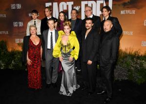 Joe Anders, Joseph Zada, Mike Faist, Zoe Phillips, Florence Pugh, Ciarán Hinds, Tracy Letts, Christopher Abbott, Costa D'Angelo and Hoon Lee at Netflix’s “East of Eden” New York Premiere held at The Plaza Hotel on September 30, 2026 in New York, New York.