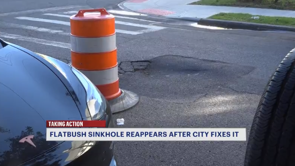 News 12 | Brooklyn | It Was Just Patched Up Sinkhole In Flatbush Reappears After Being Fixed By The City