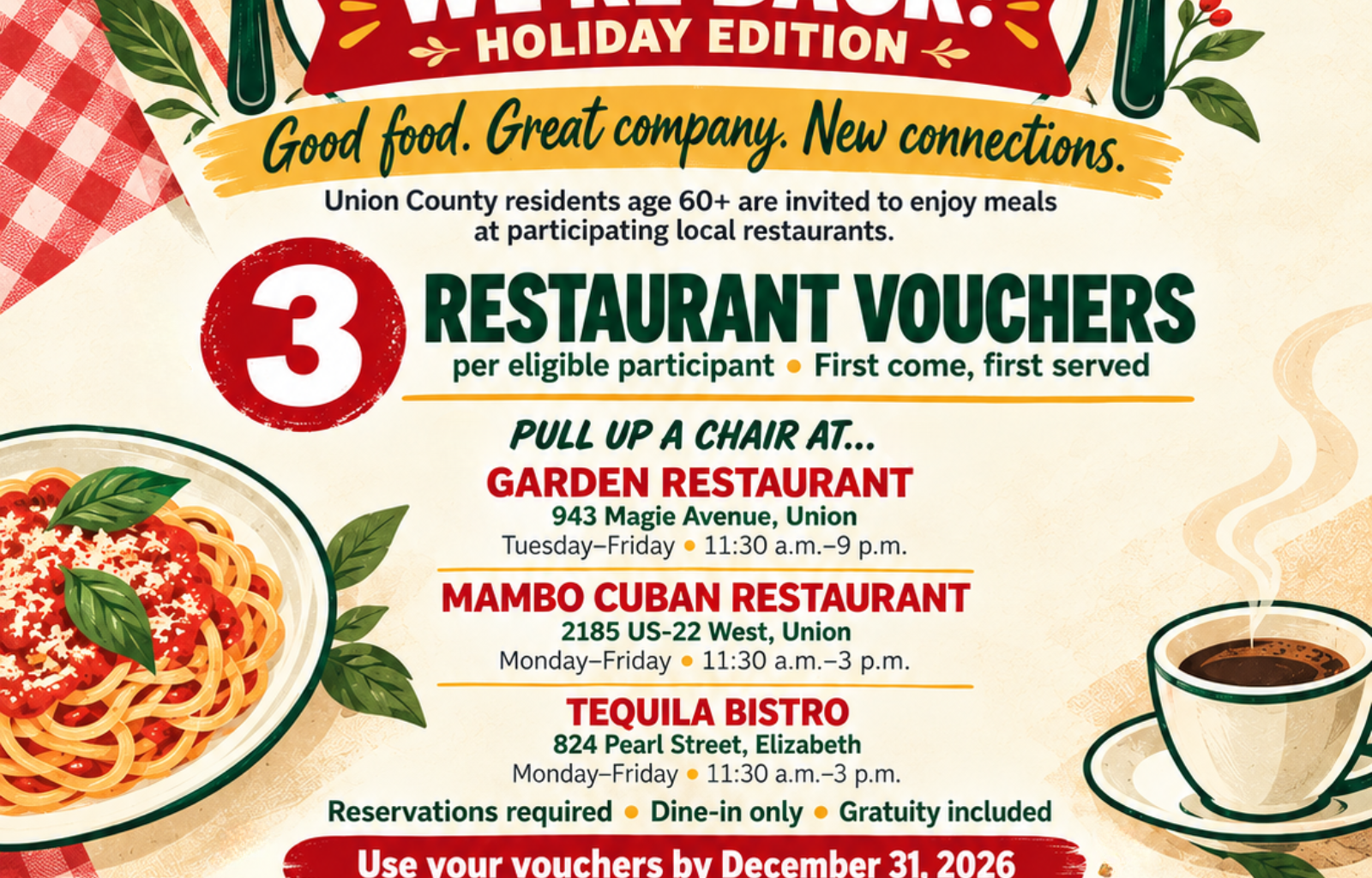 A flyer announcing the return of Social 60+, the County’s restaurant voucher program for residents age 60 and older.