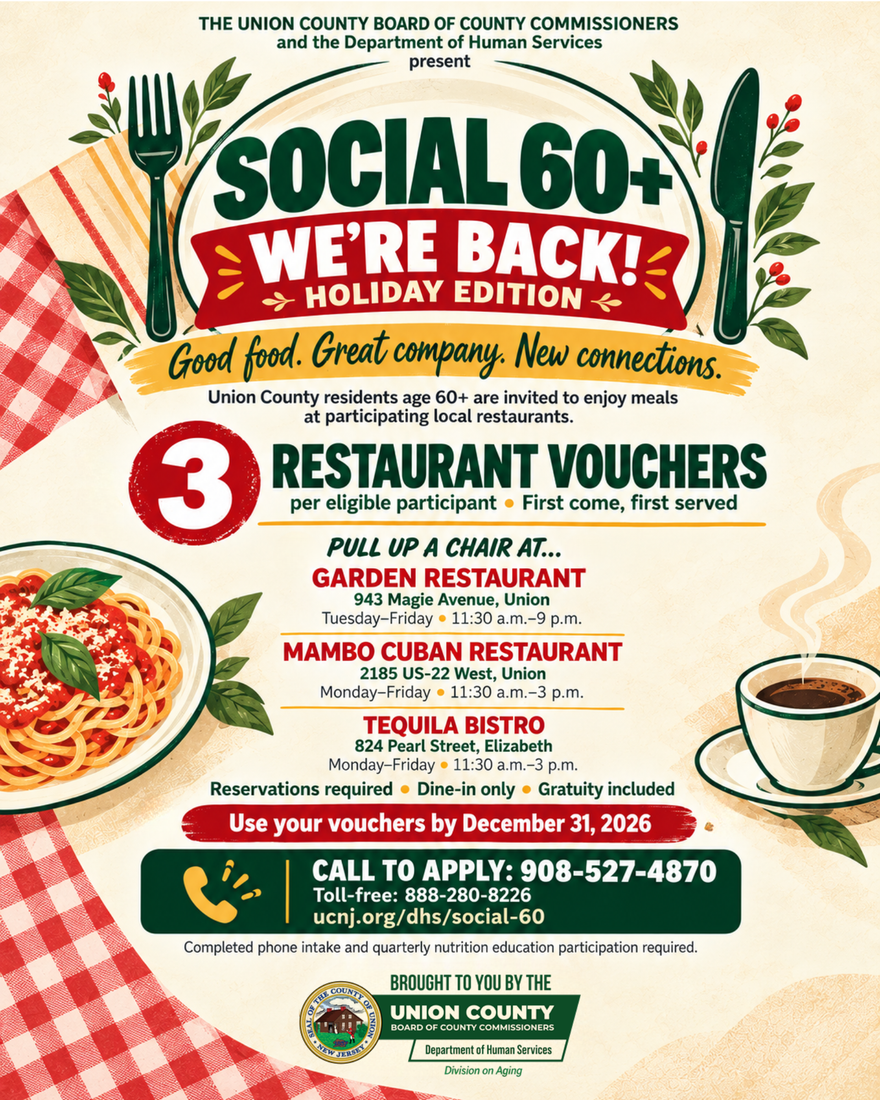 A flyer announcing the return of Social 60+, the County’s restaurant voucher program for residents age 60 and older.