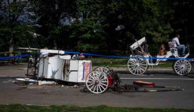 The scene, under investigation by the police, of a horse-drawn carriage that overturned when the animal bolted and an 18-year-old passenger was ejected and died, at Central Park  in Manhattan, June 17, 2026.