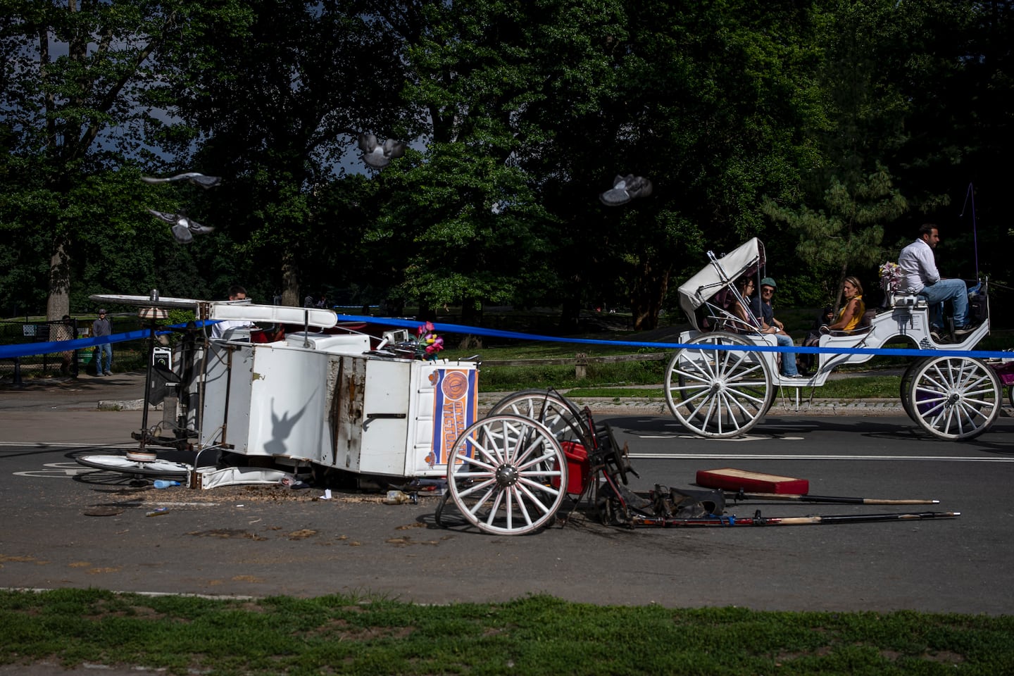 The scene, under investigation by the police, of a horse-drawn carriage that overturned when the animal bolted and an 18-year-old passenger was ejected and died, at Central Park  in Manhattan, June 17, 2026.