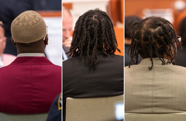 From left, Richard Santiago, Jahmal Sanders and Terrence White appear in Bronx Supreme Court on Tuesday, Oct. 13, 2026, in New York City. (Barry Williams/ New York Daily News)