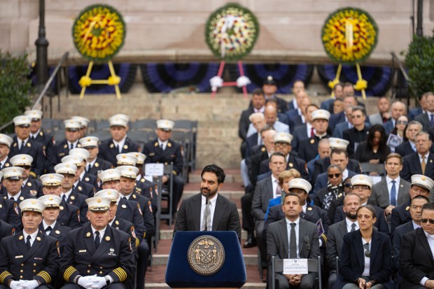 Mayor Zohran Mamdani speaks during the FDNY Annual Memorial Service at the Fireman's Monument Wednesday, October, 7, 2026 in Manhattan, New York. (Barry Williams/ New York Daily News)
