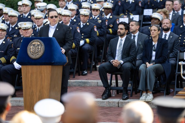 FDNY Commissioner Lillian Bonsignore speaks during the FDNY Annual Memorial Service at the Fireman's Monument Wednesday, October, 7, 2026 in Manhattan, New York. (Barry Williams/ New York Daily News)