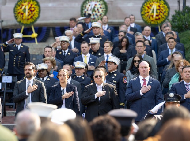 Dignitaries attend the FDNY Annual Memorial Service at the Fireman's Monument Wednesday, October, 7, 2026 in Manhattan, New York. (Barry Williams/ New York Daily News)