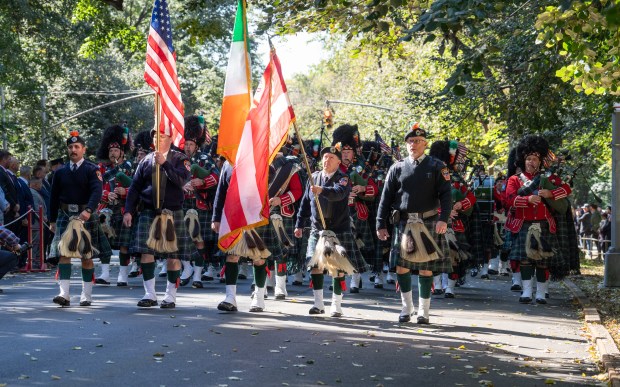 The FDNY color guard leads the review during the FDNY Annual Memorial Service at the Fireman's Monument Wednesday, October, 7, 2026 in Manhattan, New York. (Barry Williams/ New York Daily News)