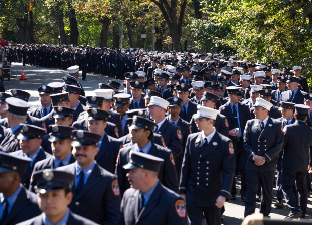 FDNY members make their way to the reviewing stand during the FDNY Annual Memorial Service at the Fireman's Monument Wednesday, October, 7, 2026 in Manhattan, New York. (Barry Williams/ New York Daily News)