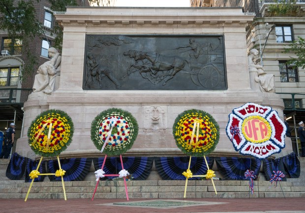 Wreaths honoring FDNY members who have passed in the line of duty and on active duty the FDNY Annual Memorial Service at the Fireman's Monument Wednesday, October, 7, 2026 in Manhattan, New York. (Barry Williams/ New York Daily News)