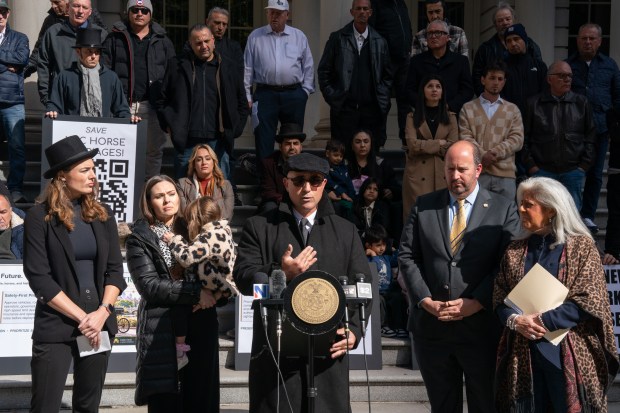 Second-generation horse carriage driver Frank Riccobono speaks during a press conference outside New York City Hall on Wednesday, Oct. 21, 2026, in Manhattan, New York. (Barry Williams/ New York Daily News)
