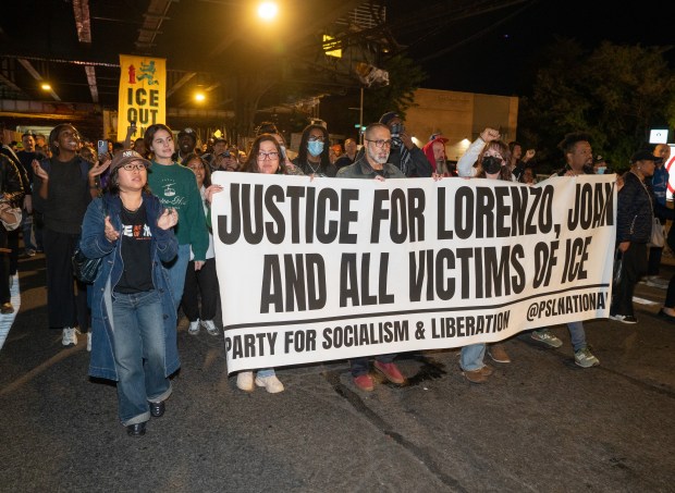 Protestors march to New York- Presbyterian Allen Hospital after ICE agents shot and wounded a man on Marble Hill Ave. near W. 225th St. on Thursday, Oct. 8, 2026 in the Bronx. (Barry Williams/ New York Daily News)