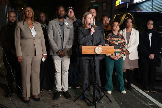 NYPD Commissioner Jessica Tisch speaks during a press conference after ICE agents shot and wounded a man on Marble Hill Ave. near W. 225th St. on Thursday, Oct. 8, 2026 in the Bronx. (Barry Williams/ New York Daily News)