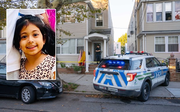 NYPD detectives investigate the day after the death of a 5-year-old girl (inset) inside a 110th St. home near 95th Ave. in Richmond Hill, Queens, Thursday, Oct. 15, 2026. (Theodore Parisienne / New York Daily News; Courtesy of Kuldeep Singh)