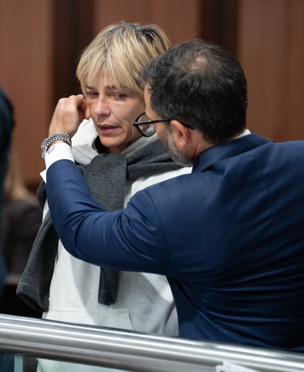 Selma Blair has a tear wiped away by her attorney as she appears in Queens Criminal Court on Monday, Oct. 12, 2026, in New York City. (Barry Williams/ New York Daily News)