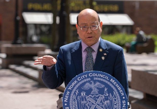 New York City Council member Phil Wong speaks during a press conference outside One Police Plaza Tuesday, April 21, 2026 in Manhattan, New York. (Barry Williams/ New York Daily News)