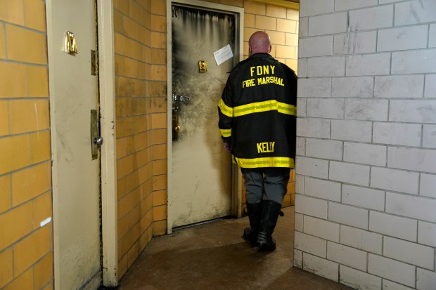 Damage to a building is pictured after a deadly lithium-ion battery fire caused by an e-bike in an 11th-floor apartment in the Patterson Houses on Morris Ave. near E. 140th St. in the Bronx early Wednesday, Oct. 28, 2026. 