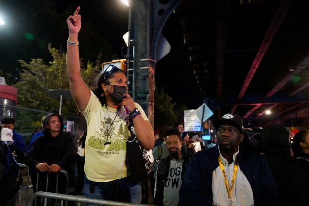 Protesters clash with law enforcement officers after ICE agents shot and wounded a man on Marble Hill Ave. near W. 225th St. in the Bronx on Thursday, Oct. 8, 2026. (Barry Williams / New York Daily News)