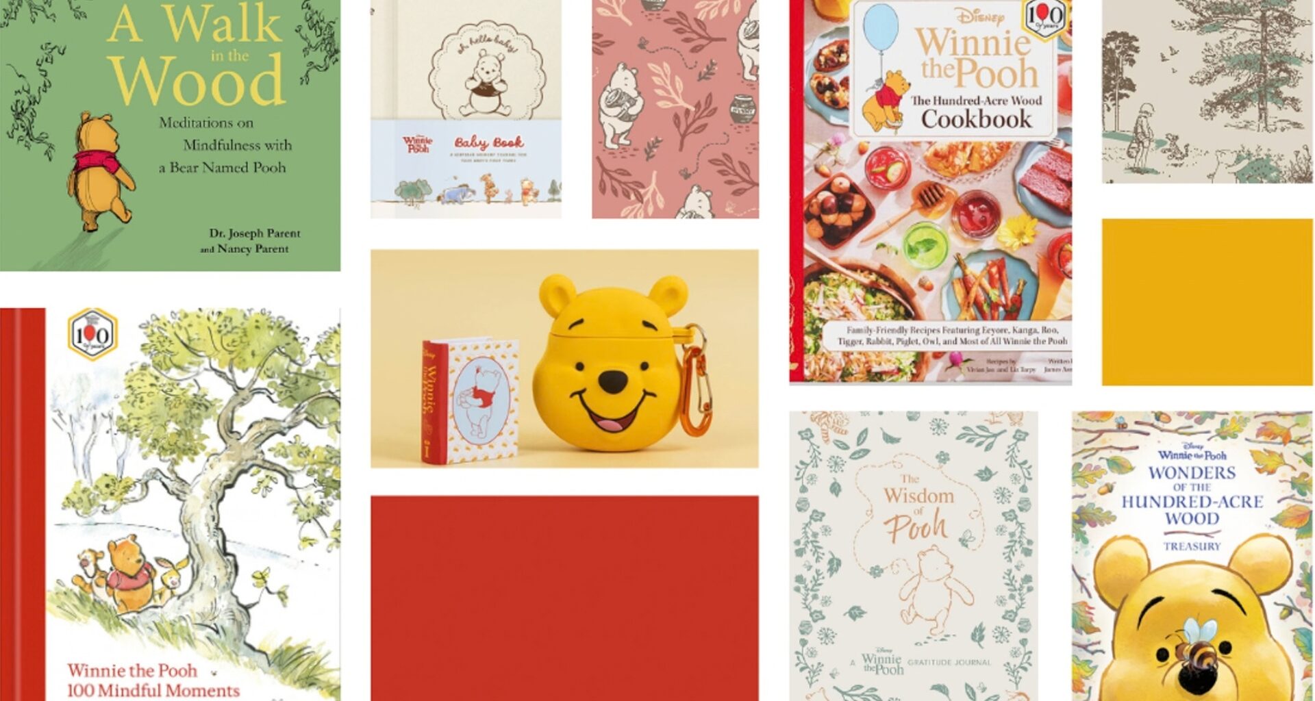 Collage of Winnie the Pooh 100th Anniversary books and gifts, including A Walk in the Wood, Winnie the Pooh 100 Mindful Moments, The Hundred-Acre Wood Cookbook, The Wisdom of Pooh Gratitude Journal, Wonders of the Hundred-Acre Wood Treasury, a Winnie the Pooh baby book, a miniature Winnie the Pooh book, and a Pooh-shaped collectible case, displayed alongside Hundred-Acre Wood-inspired artwork and patterns.