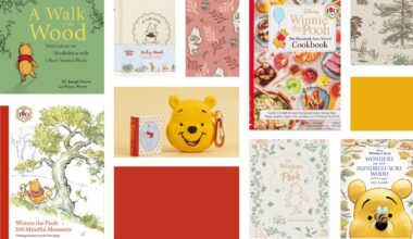 Collage of Winnie the Pooh 100th Anniversary books and gifts, including A Walk in the Wood, Winnie the Pooh 100 Mindful Moments, The Hundred-Acre Wood Cookbook, The Wisdom of Pooh Gratitude Journal, Wonders of the Hundred-Acre Wood Treasury, a Winnie the Pooh baby book, a miniature Winnie the Pooh book, and a Pooh-shaped collectible case, displayed alongside Hundred-Acre Wood-inspired artwork and patterns.