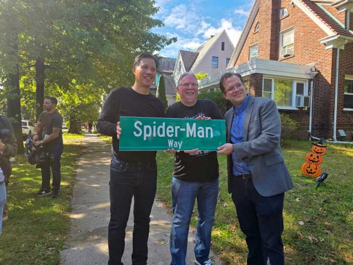 Mark Ditko (center) and Nick Lowe (right) at Monday's ceremony. Photo by Shane O'Brien.