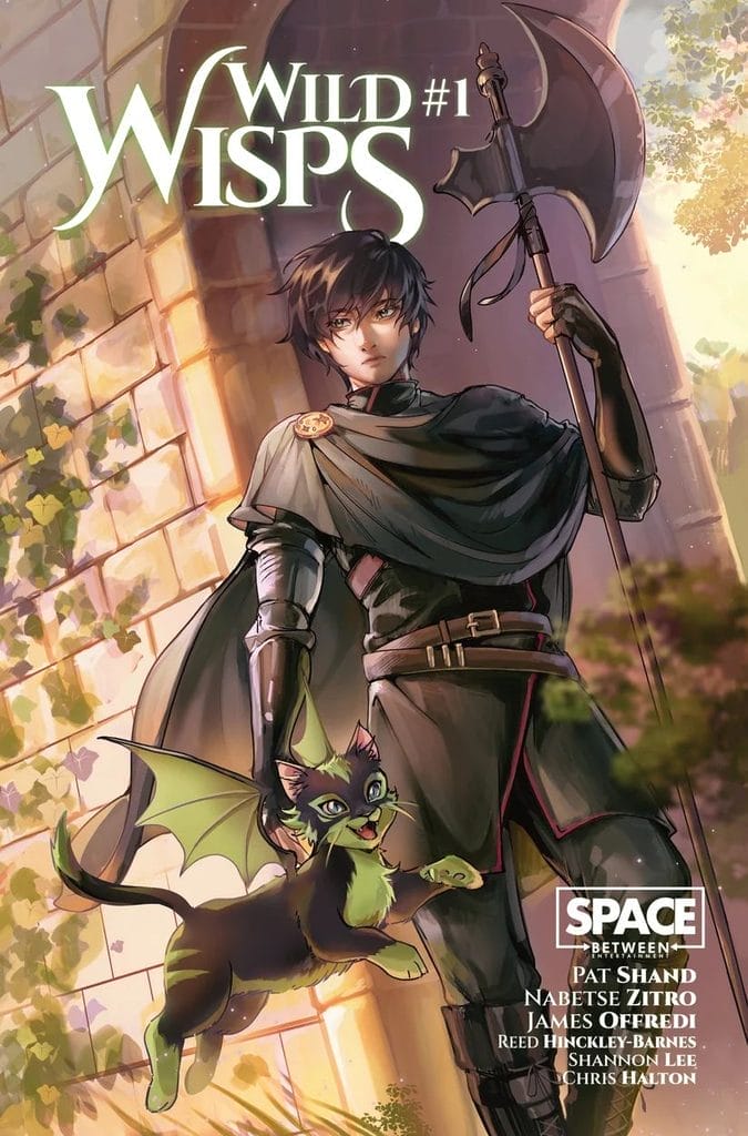 Cover art for Wild Wisps issue #1, which depicts an androgynous figure with short brown hair, holding a halberd as they pet a green cat-creature with bat wings.