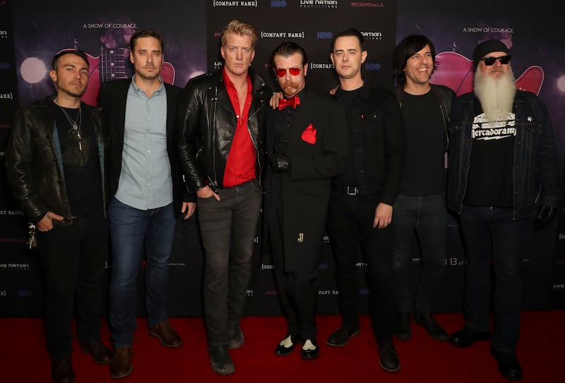 Josh Homme, with bandmates Jesse Hughes, Dave Catching, Matt McJunkins, and Jorma Vik, producer Sean Stuart, and director Colin Hanks, at the "Eagles of Death Metal: Nos Amis (Our Friends)" film premiere in Los Angeles on February 2, 2017.