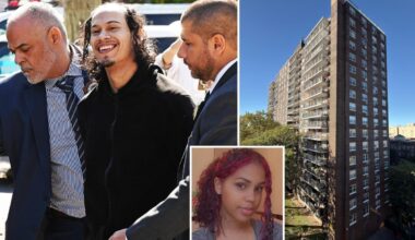 Monster accused of pushing girlfriend, baby off NYC balcony flashes demonic grin as he’s hauled away by cops