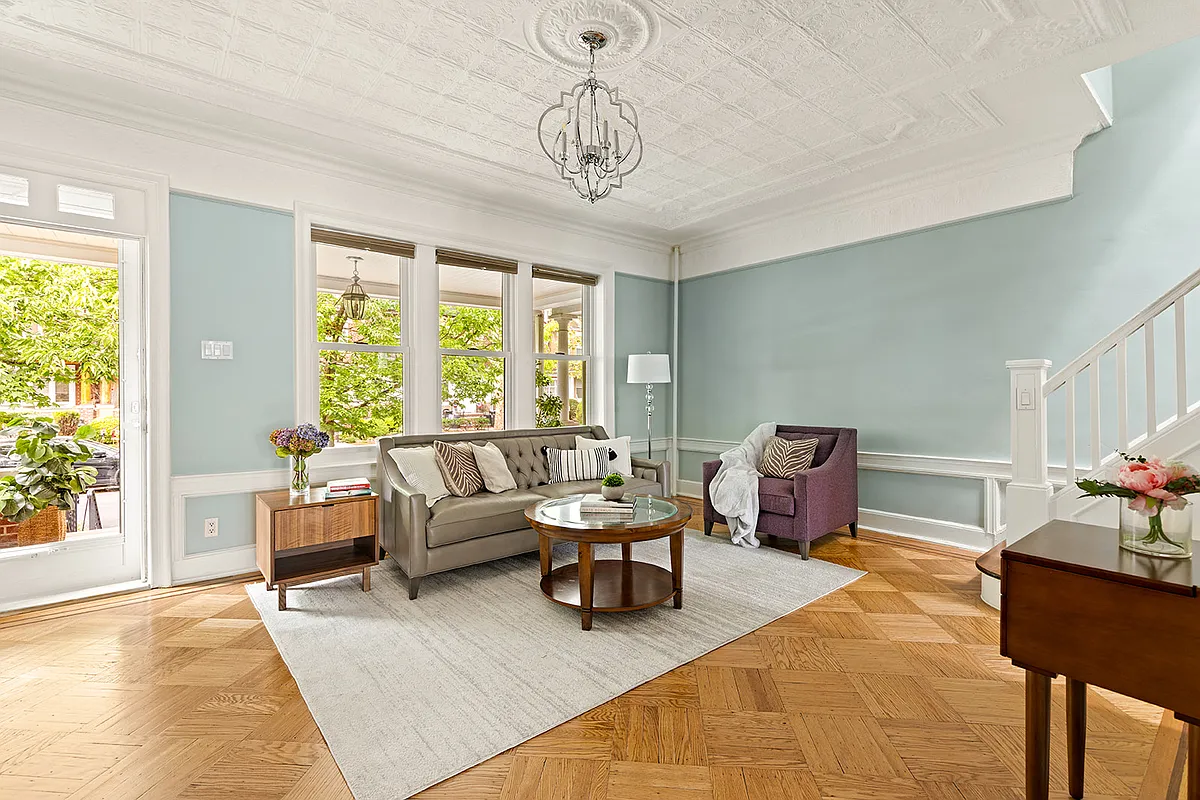 bay ridge parlor with tin ceiling, wood floor