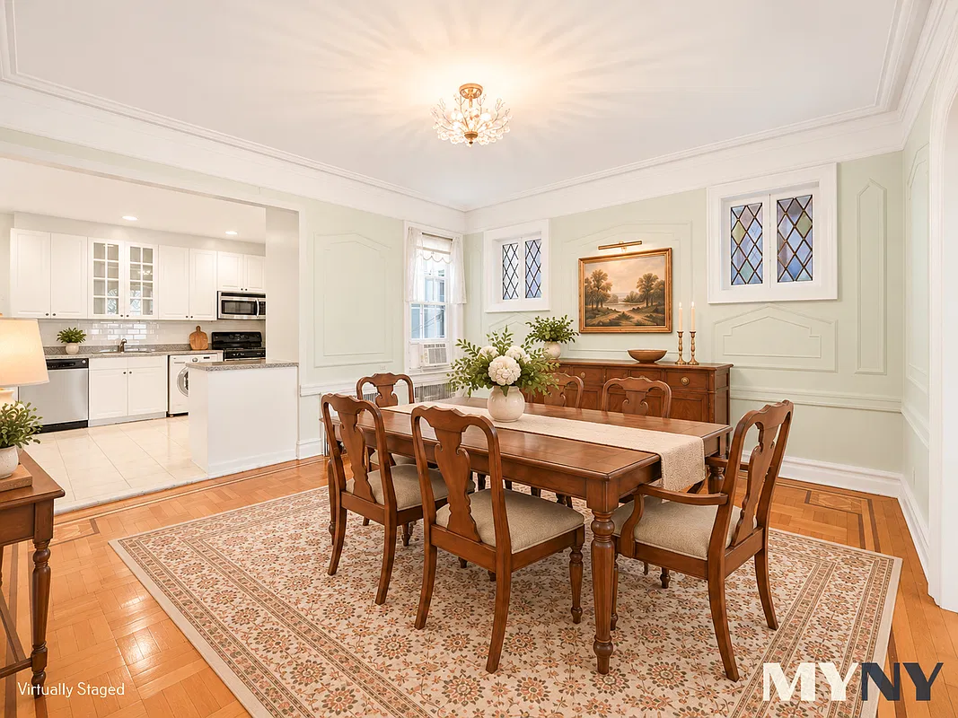 virtually staged dining room with stained glass, wall moldings