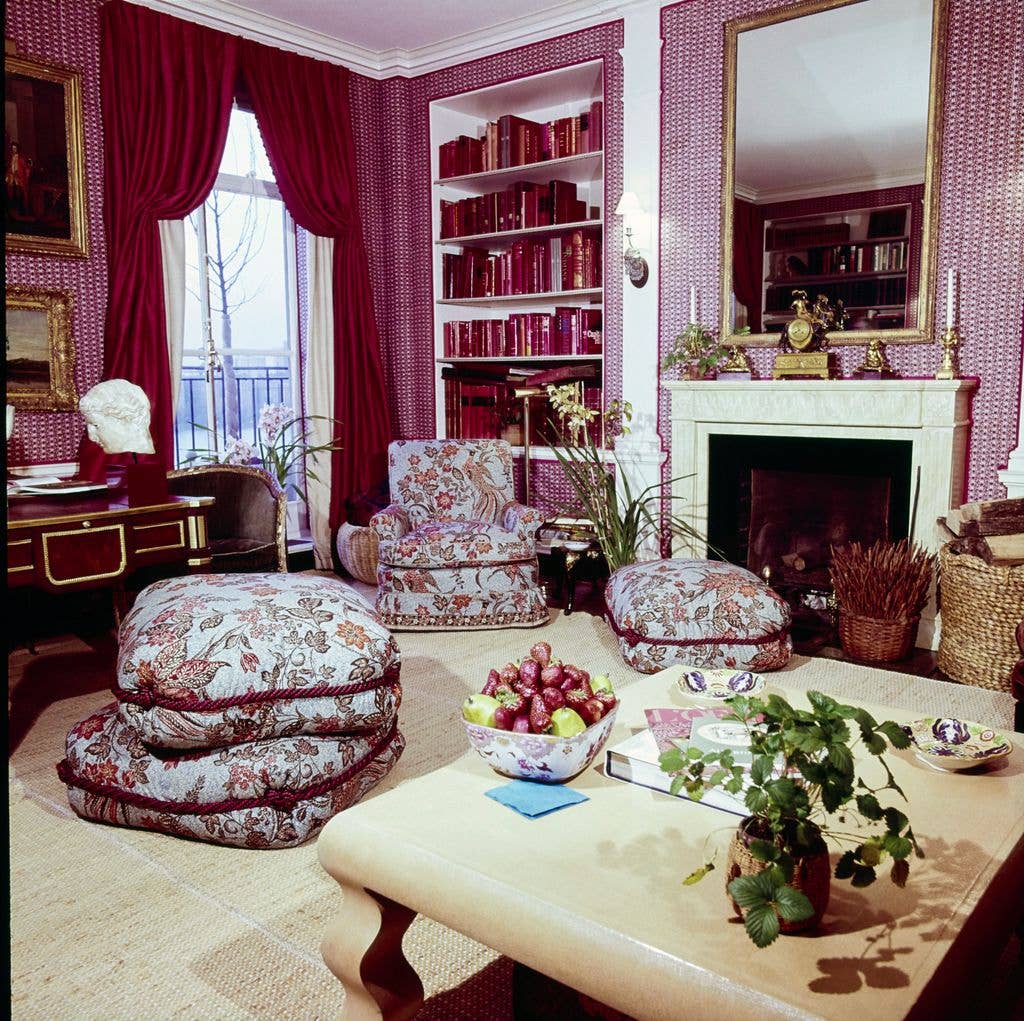 Vogue, June 01, 1973 - Jackie Onassis's redecorated library features fabrics with Indian and Indonesian prints in tones of red, designed by Harrison Cultra and Georgina Fairholme