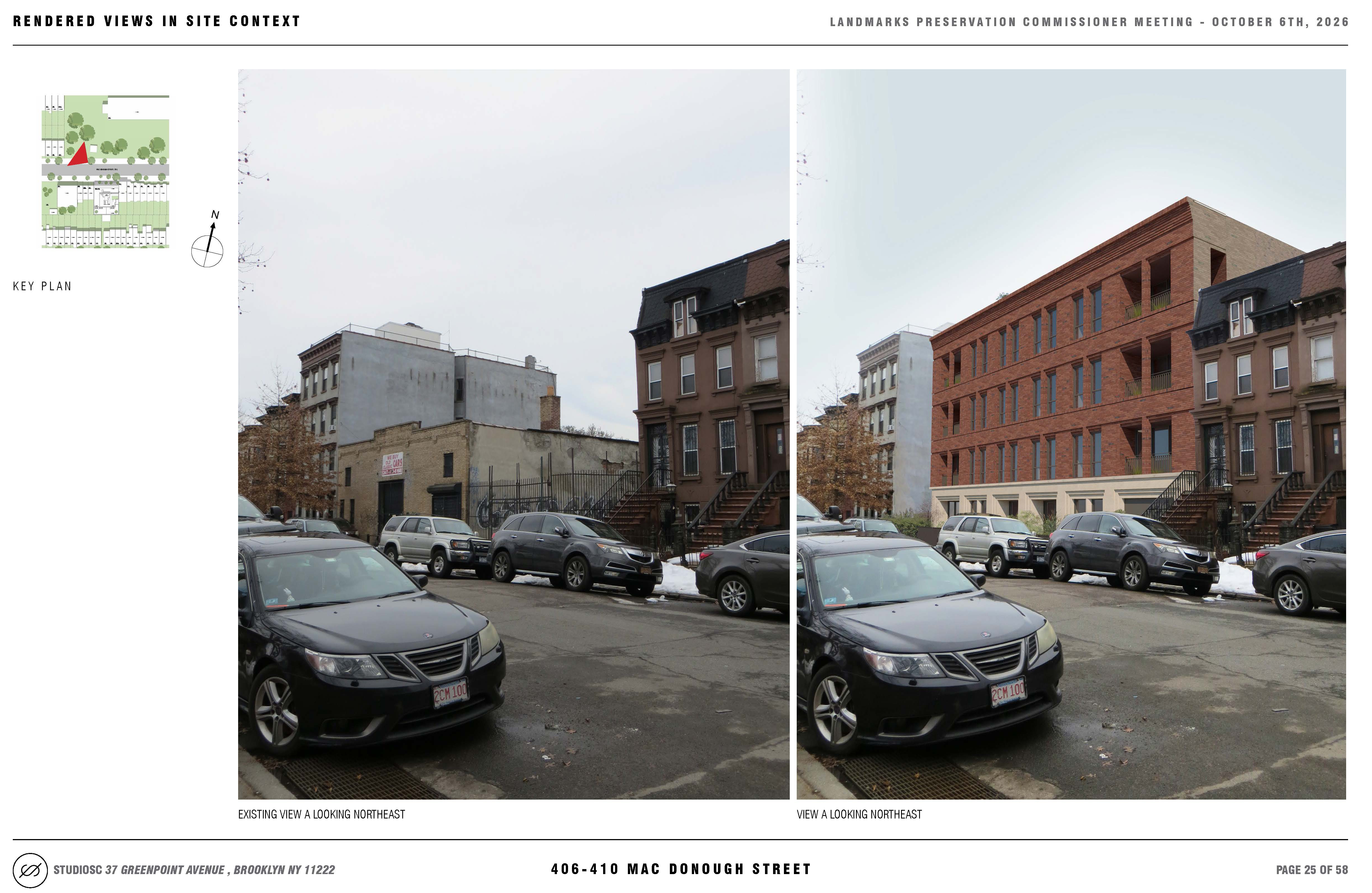 rendering showing existing garage and the new brick building proposed