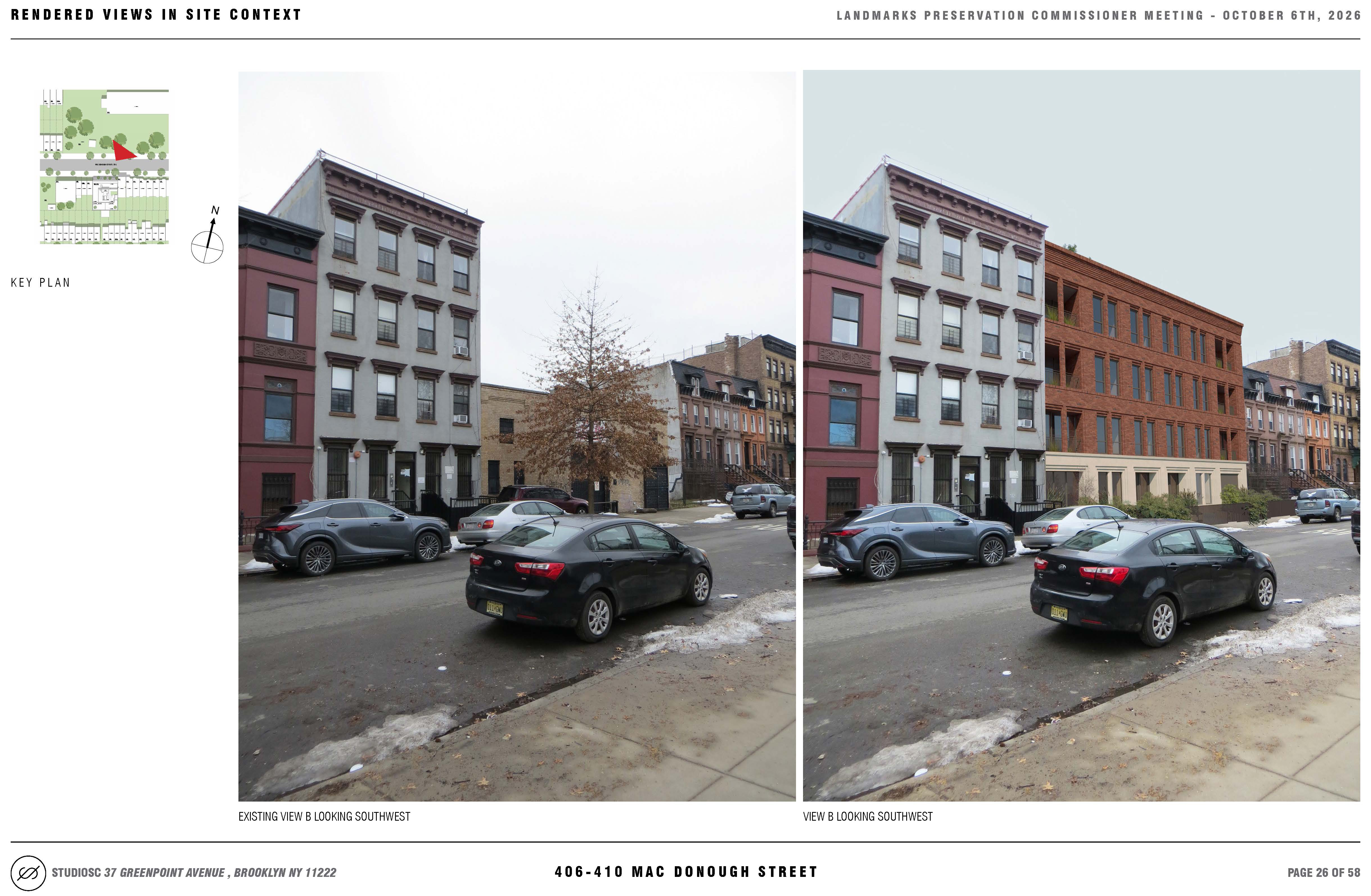 rendering showing garage on site and a new brick building
