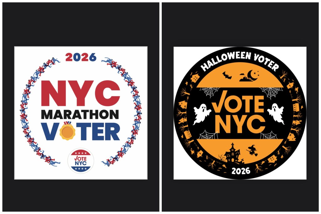 The city Board of Elections previewed their early voting stickers. 