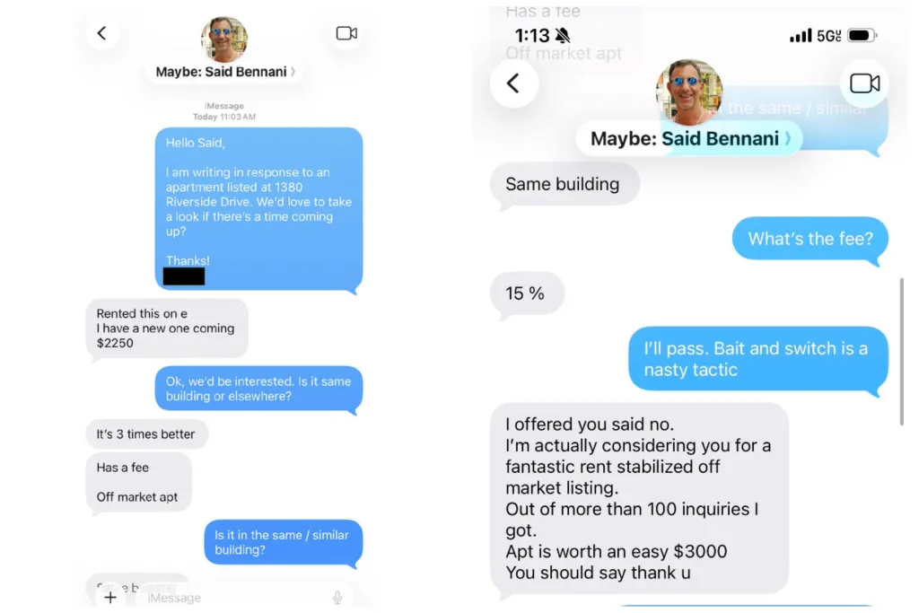 The Department of Consumer and Workplace Protection alleged agent Said Bennani violated the FARE Act by conditioning a rental apartment on the tenant paying a broker fee, texts reveal.