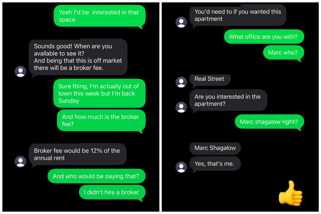 The Department of Consumer and Workplace Protection alleged agent Marc Shagalow violated the FARE Act by conditioning a rental apartment on the tenant paying a broker fee texts show.