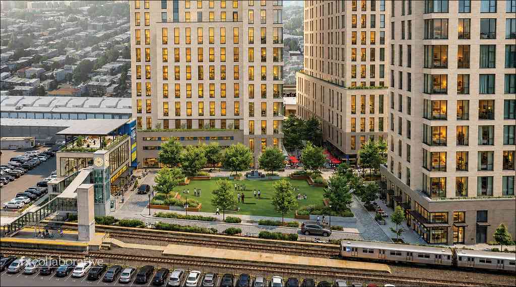 Illustration of a high-rise residential and retail development in the Bronx with a central green courtyard and adjacent transit station.