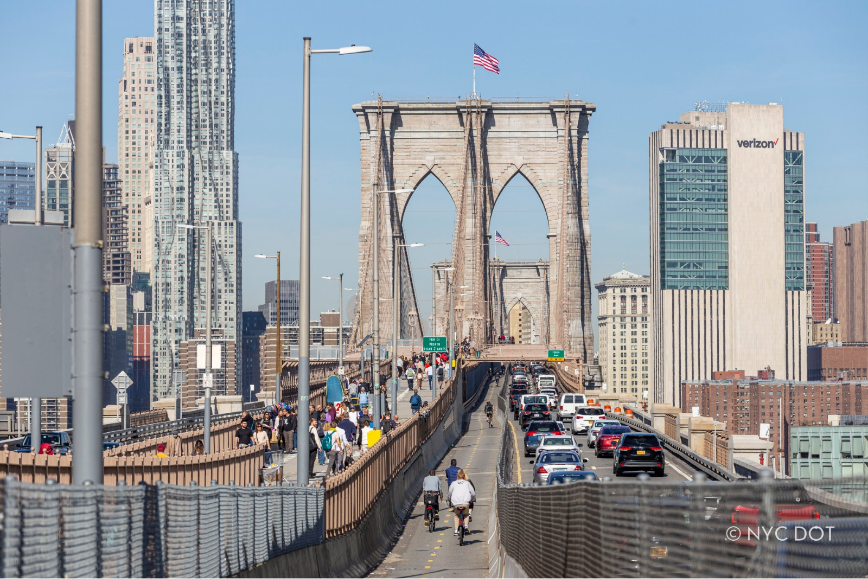 Brooklyn Bridge in New York City on a sunny day, with cyclists and pedestrians crossing the bridge and traffic traveling alongside them. The bridge towers and Manhattan skyline are visible in the background.