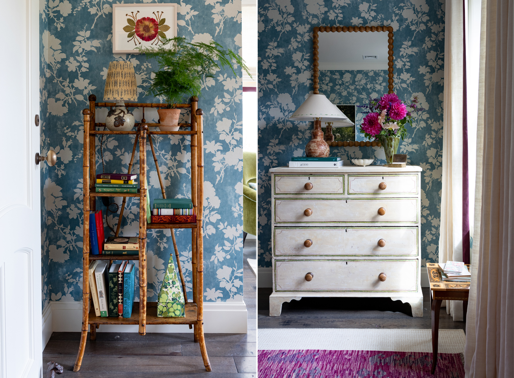 BEDROOM collage of views in a room with blue wallpaper
