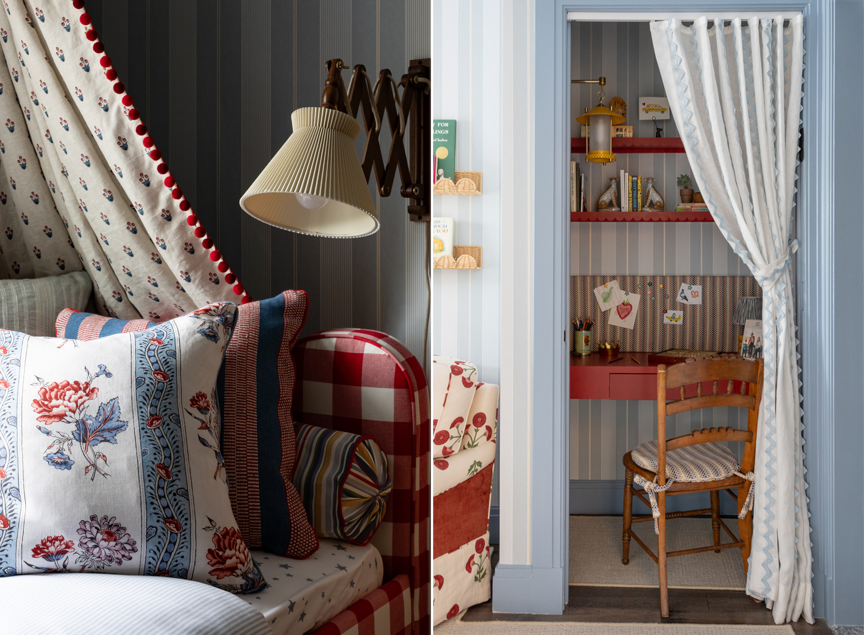 a desk nook in a child's bedroom and a bed piled with pillows