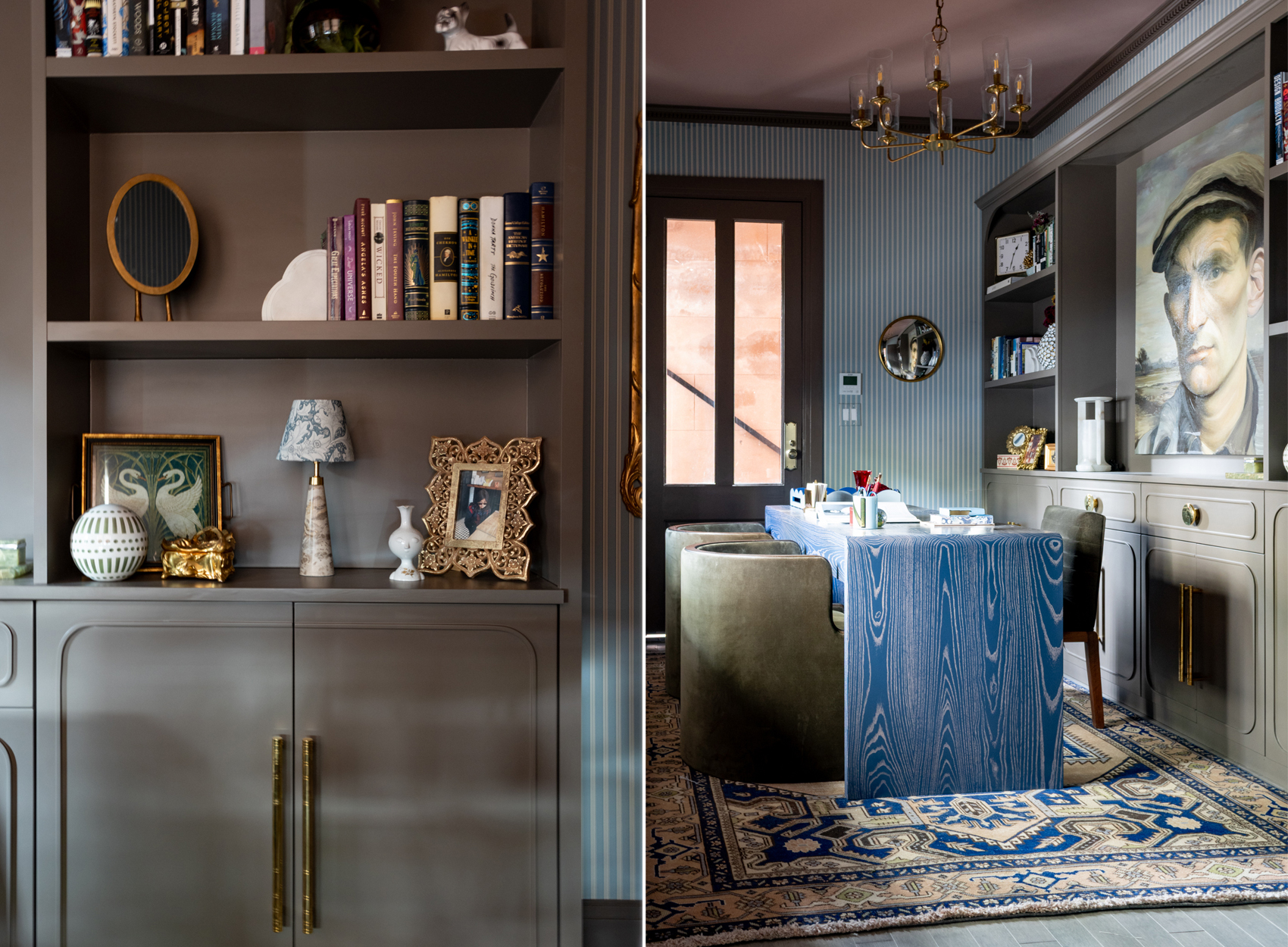 OFFICE - office with built-in storage, a blue desk and a large portrait