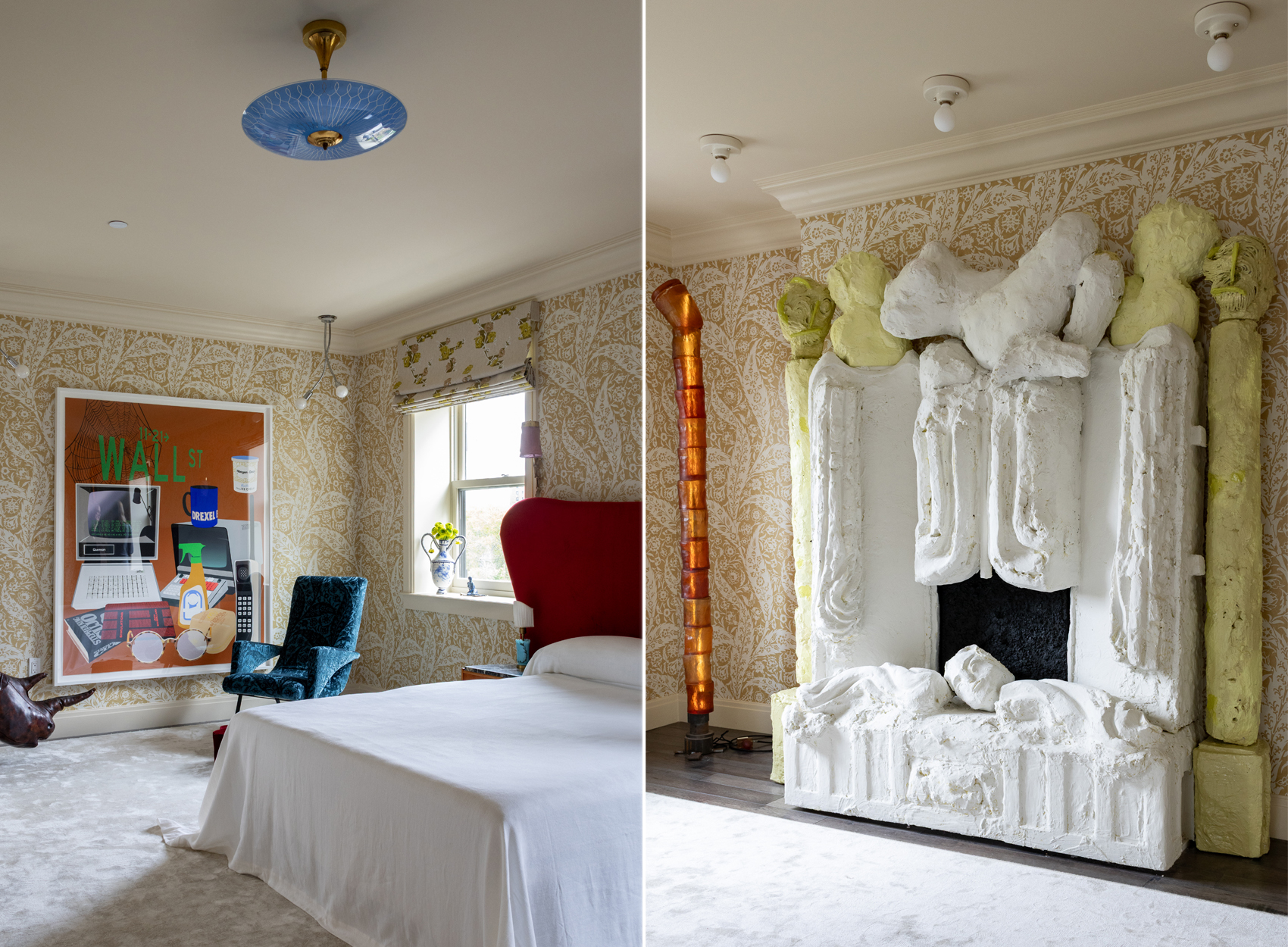 MAIN BEDROOM - neutral floral wallpaper and a sculptural fireplace surround