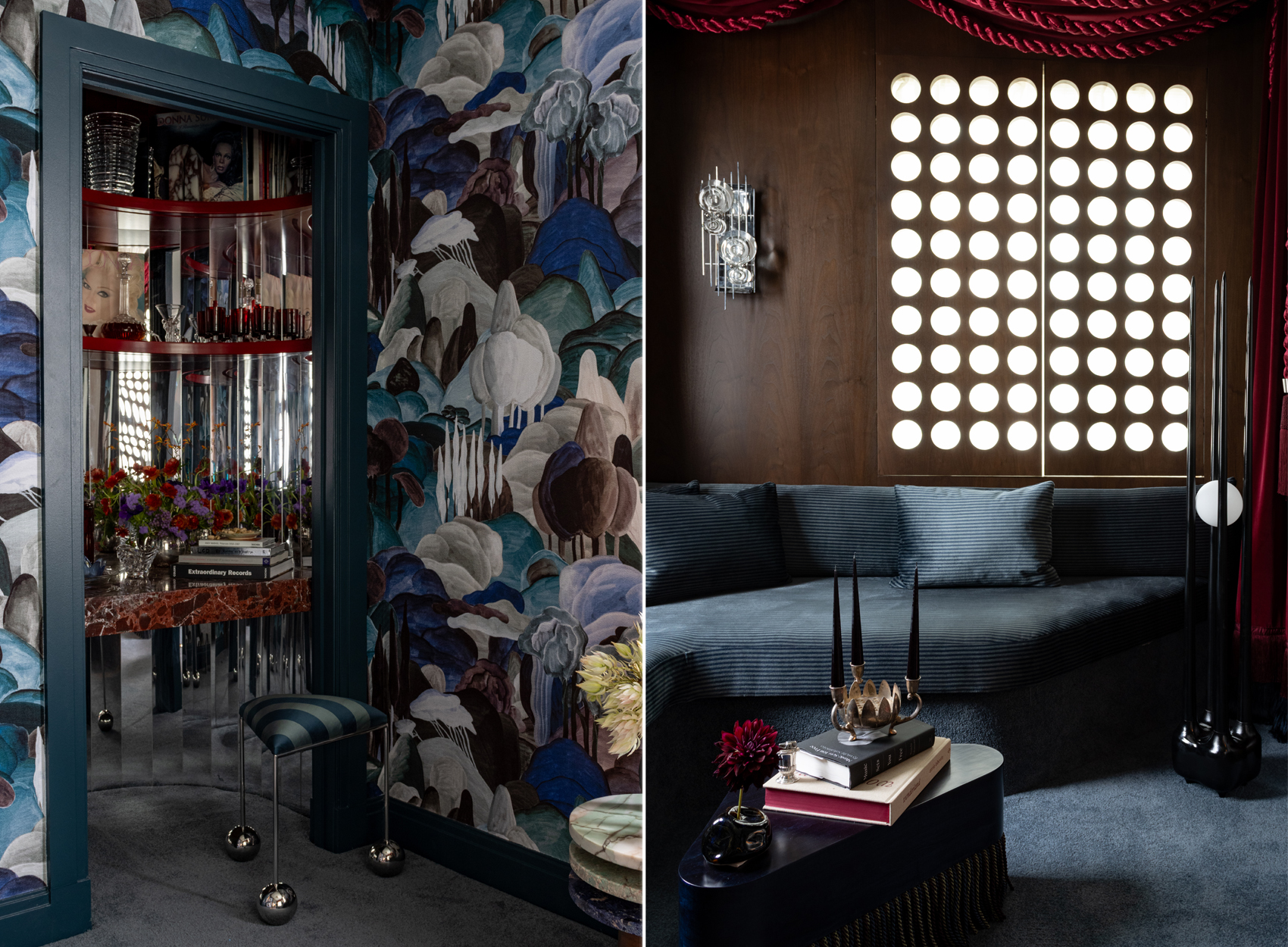LOUNGE- moody blue interior with a mirrored bar