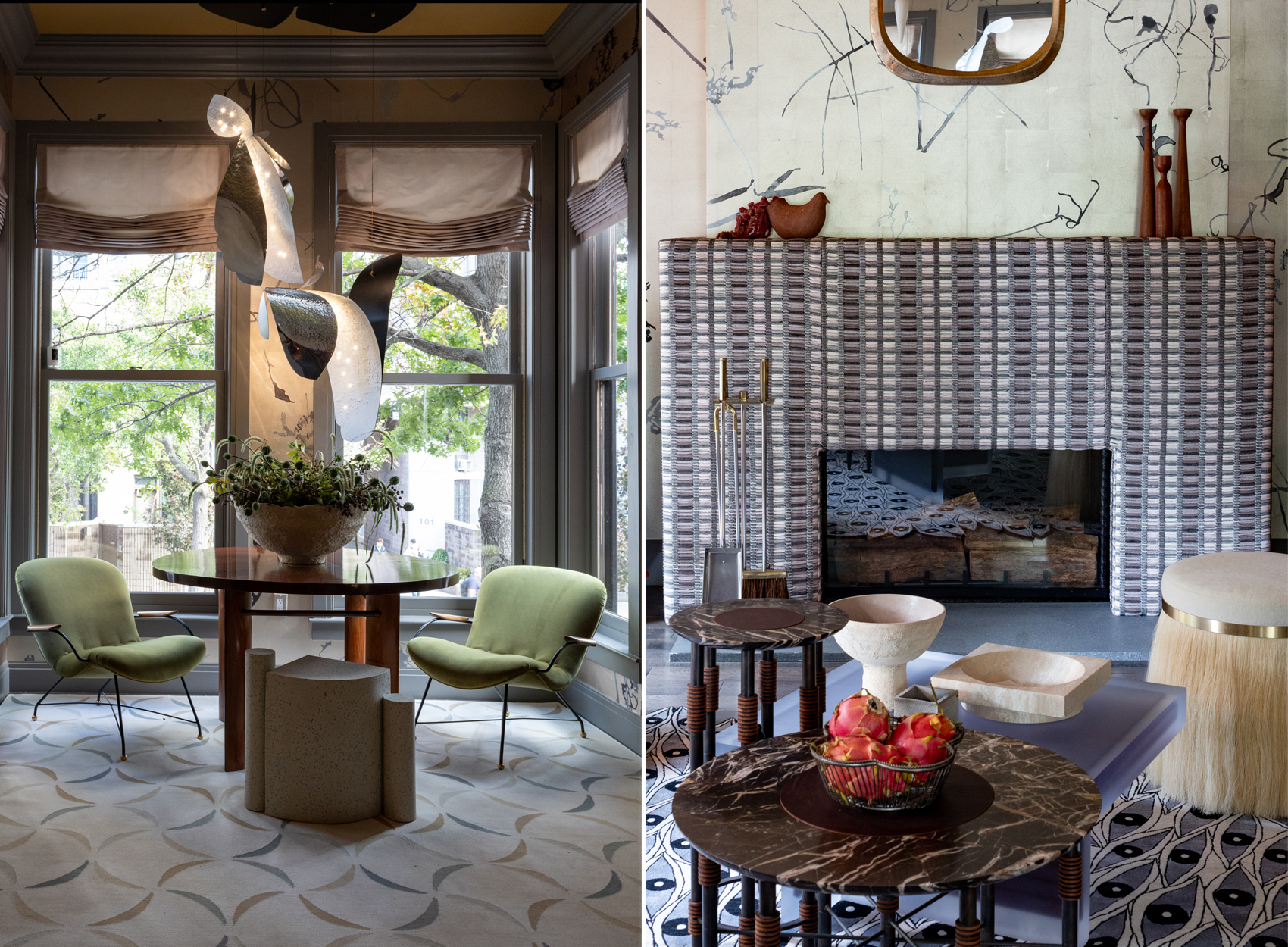 PARLOR - table and chairs near entry and a closeup of the fabric covered mantel